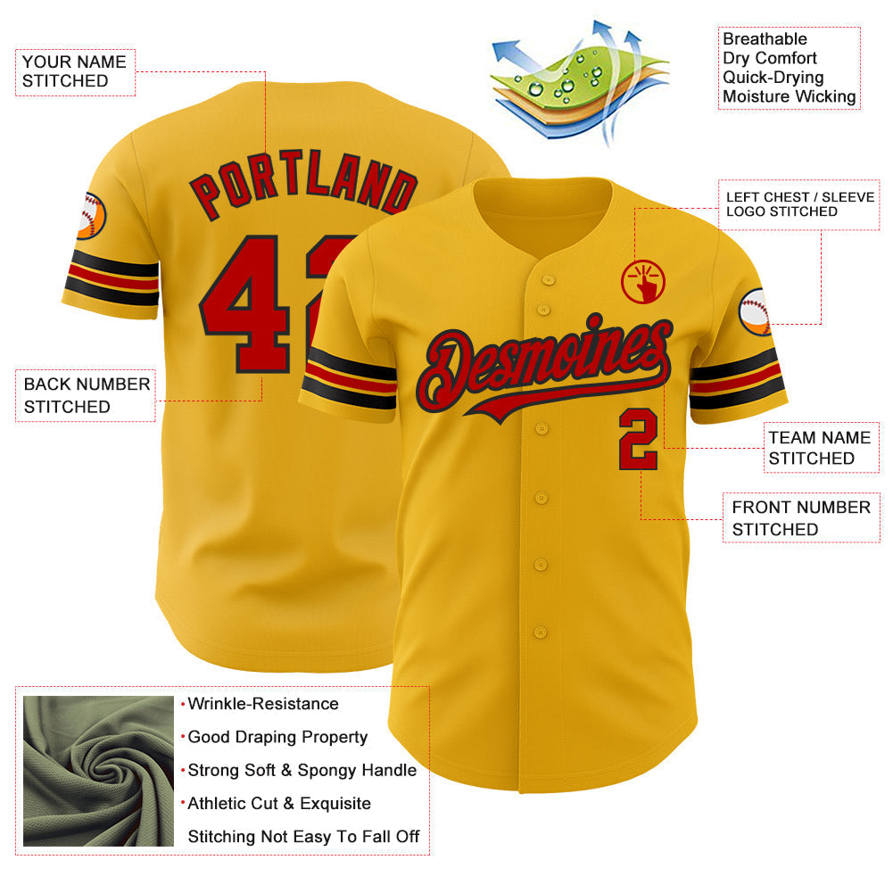 Custom Gold Red-Black Authentic Baseball Jersey baseball jersey product view 3
