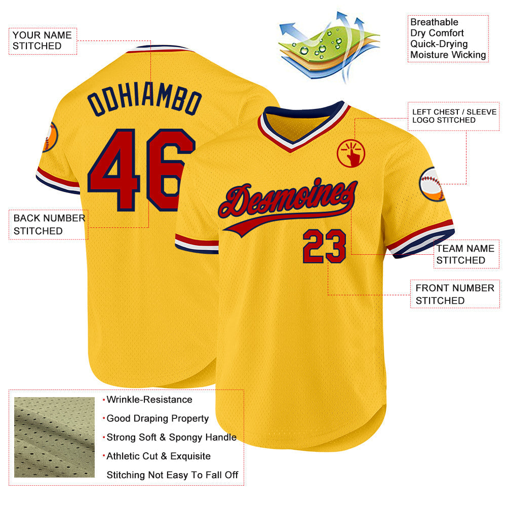 Custom Gold Red-Navy Authentic Throwback Baseball Jersey baseball jersey product view 3