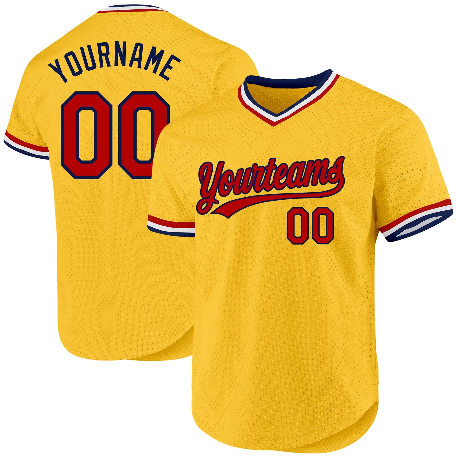 Custom Gold Red-Navy Authentic Throwback Baseball Jersey baseball jersey product view 1