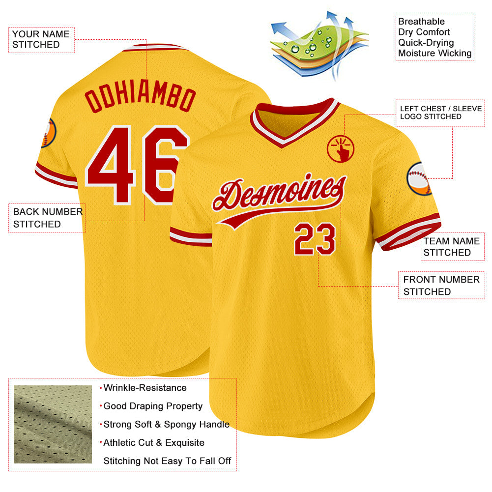Custom Gold Red-White Authentic Throwback Baseball Jersey baseball jersey product view 3