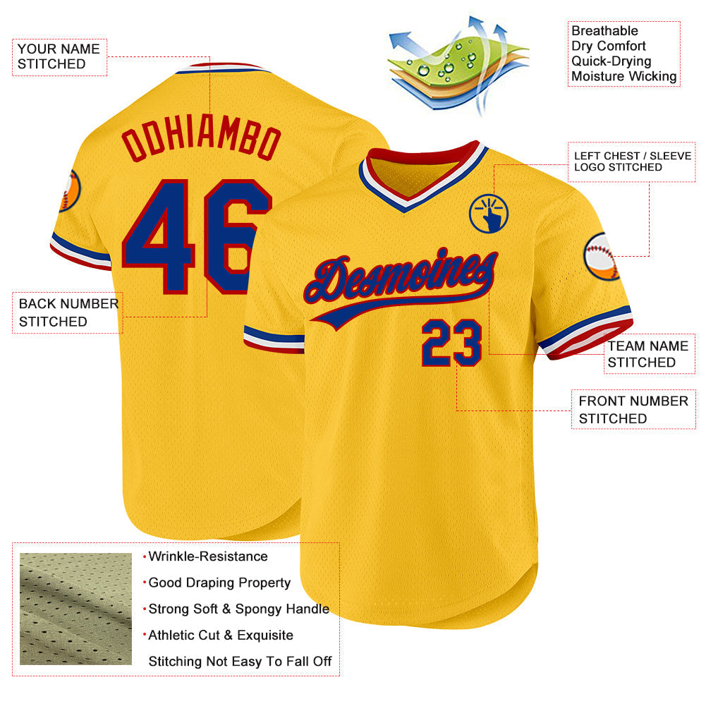 Custom Gold Royal-Red Authentic Throwback Baseball Jersey baseball jersey product view 3
