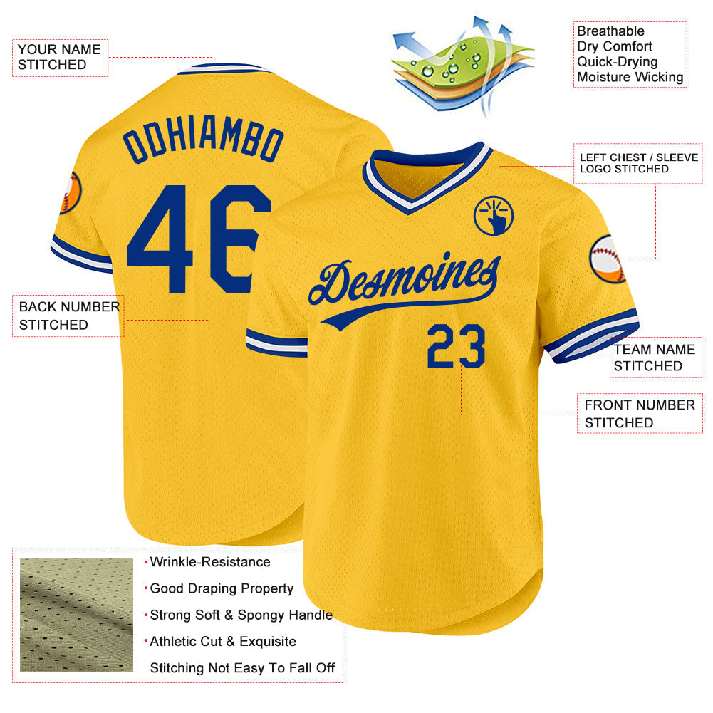 Custom Gold Royal-White Authentic Throwback Baseball Jersey baseball jersey product view 3