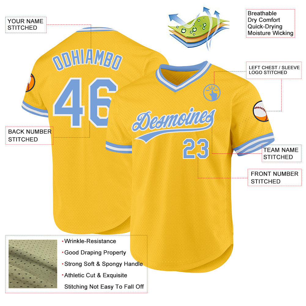 Custom Gold Light Blue-White Authentic Throwback Baseball Jersey baseball jersey product view 3