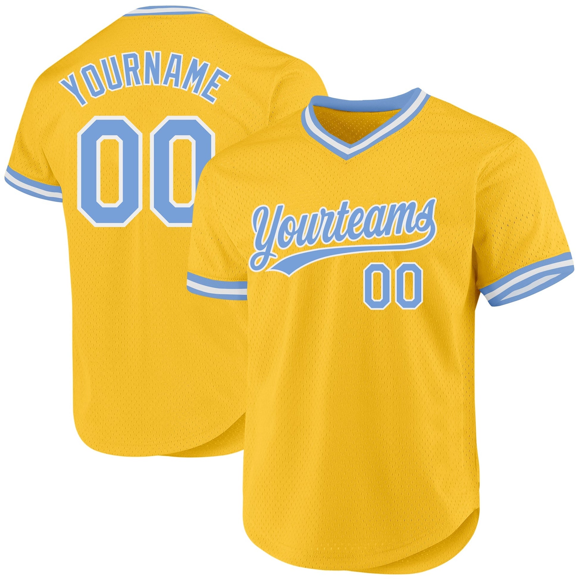 Custom Gold Light Blue-White Authentic Throwback Baseball Jersey baseball jersey product view 1