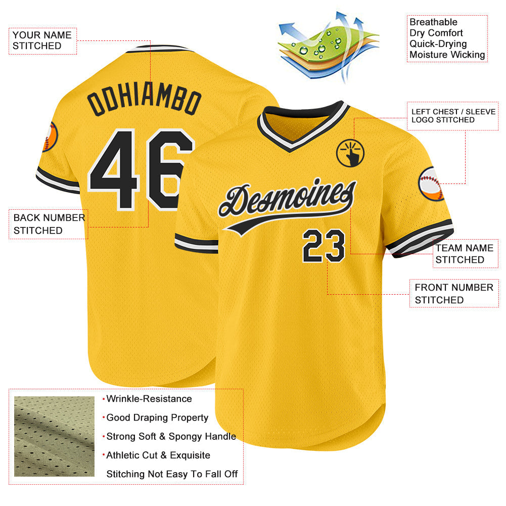 Custom Gold Black-White Authentic Throwback Baseball Jersey baseball jersey product view 3