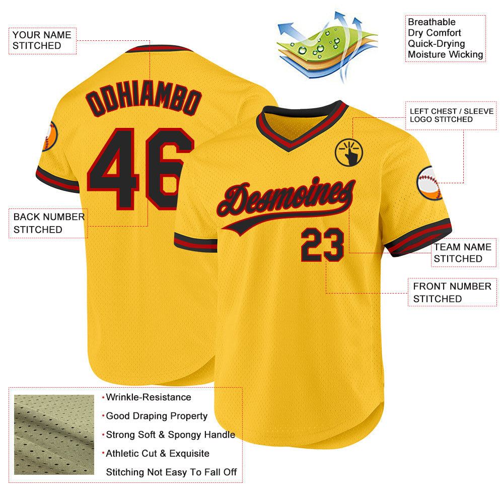Custom Gold Black-Red Authentic Throwback Baseball Jersey baseball jersey product view 3