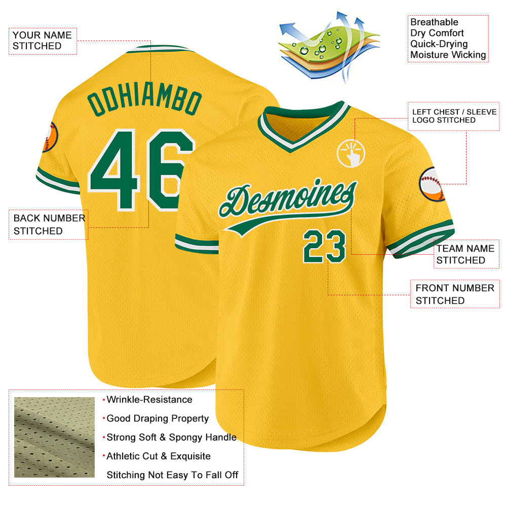 Custom Gold Kelly Green-White Authentic Throwback Baseball Jersey baseball jersey product view 3