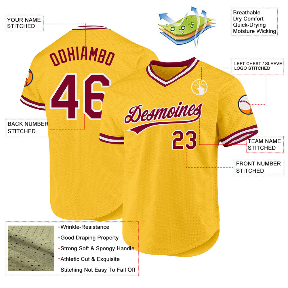 Custom Gold Maroon-White Authentic Throwback Baseball Jersey baseball jersey product view 3