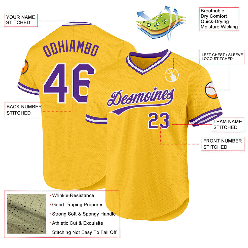 Custom Gold Purple-White Authentic Throwback Baseball Jersey baseball jersey product view 3