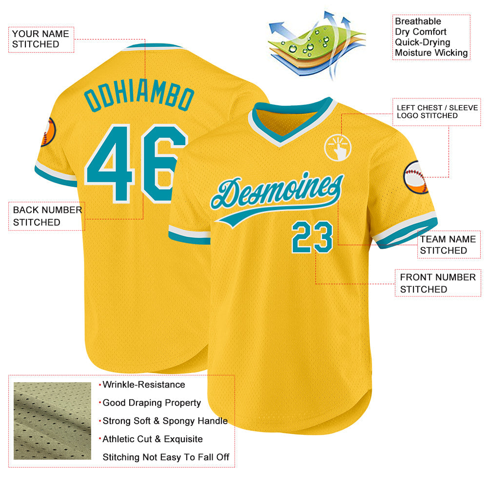 Custom Gold Teal-White Authentic Throwback Baseball Jersey baseball jersey product view 3