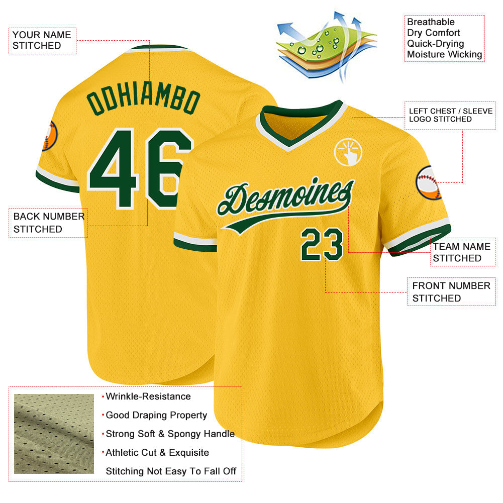 Custom Gold Green-White Authentic Throwback Baseball Jersey baseball jersey product view 3