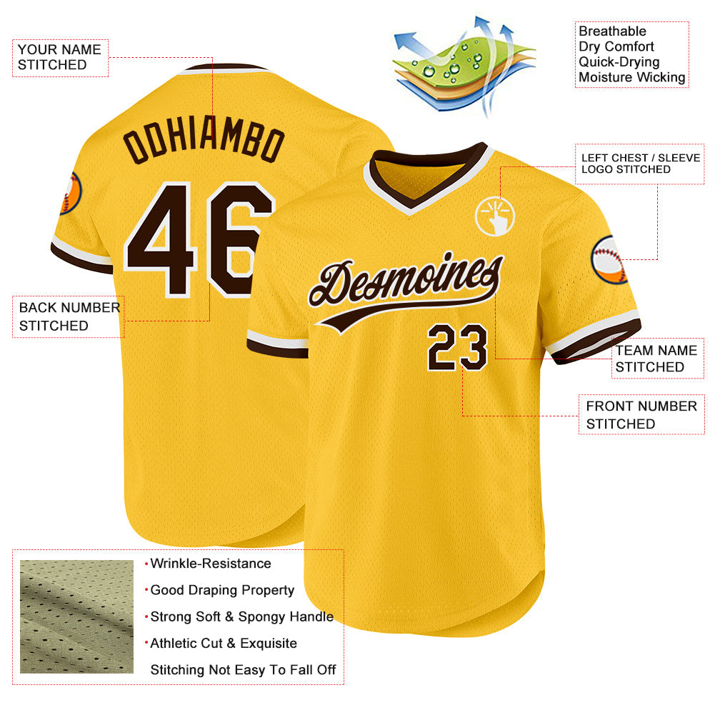 Custom Gold Brown-White Authentic Throwback Baseball Jersey baseball jersey product view 3