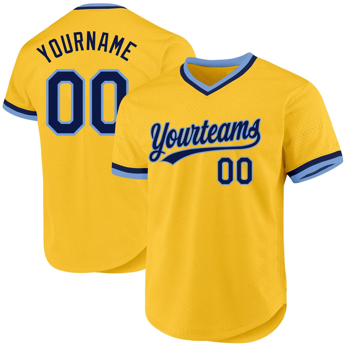 Custom Gold Navy-Light Blue Authentic Throwback Baseball Jersey baseball jersey product view 1