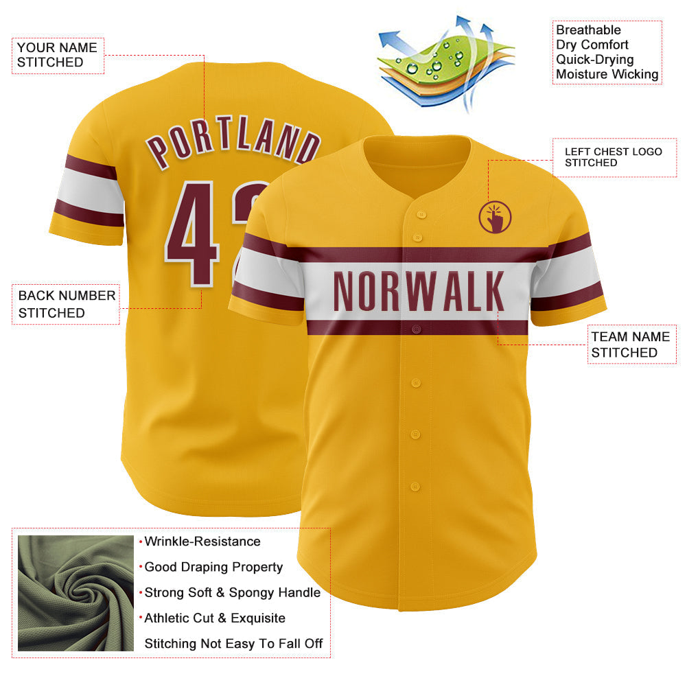 Custom Gold Burgundy-White Authentic Baseball Jersey baseball jersey product view 3