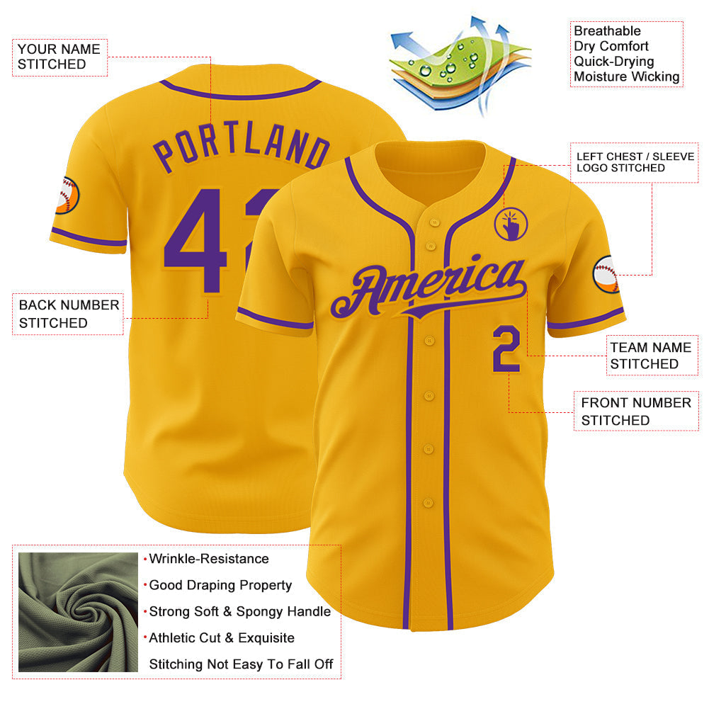 Custom Gold Purple Authentic Baseball Jersey baseball jersey product view 3
