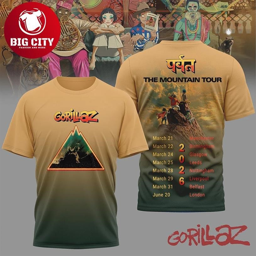 Gorillaz The Mountain Tour 2026 Two Sided Shirt Unisex T-shirt, Sweatshirt, Hoodie, Long Sleeve Tee - T-Shirt, Sweatshirt, Hoodie