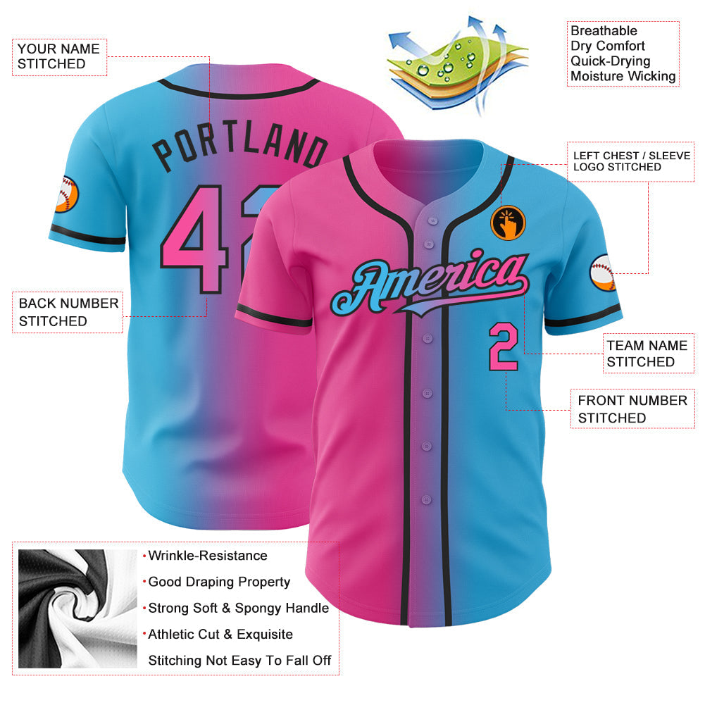 Custom Sky Blue Pink-Black Authentic Gradient Fashion Baseball Jersey baseball jersey product view 4