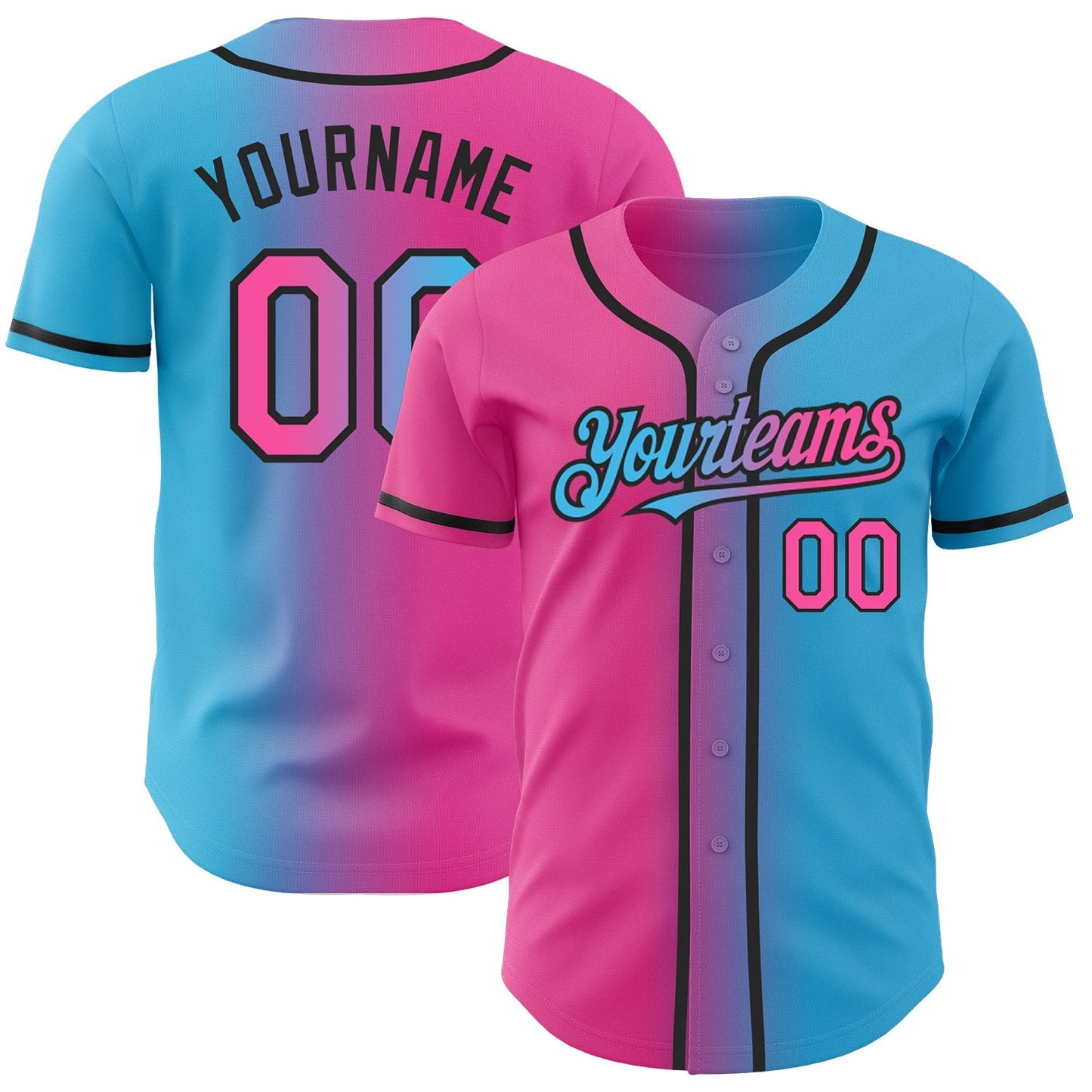 Custom Sky Blue Pink-Black Authentic Gradient Fashion Baseball Jersey baseball jersey product view 1