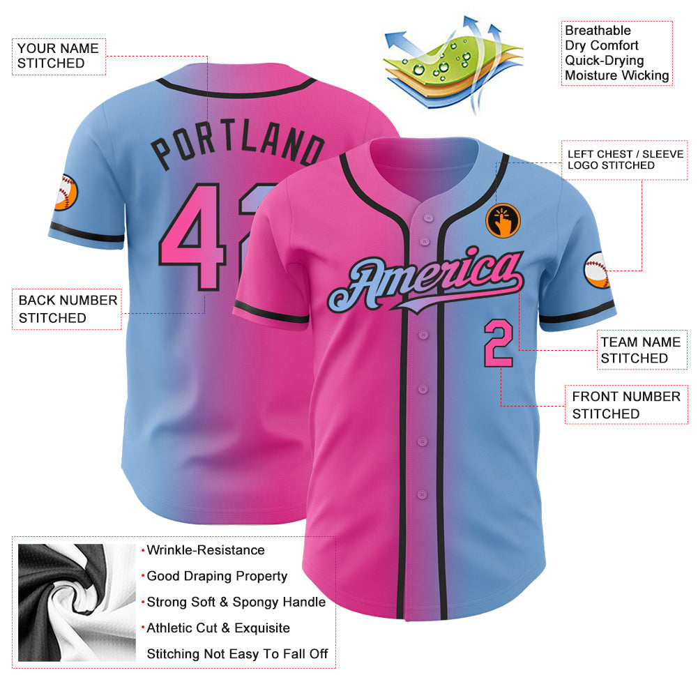 Custom Light Blue Pink-Black Authentic Gradient Fashion Baseball Jersey baseball jersey product view 3