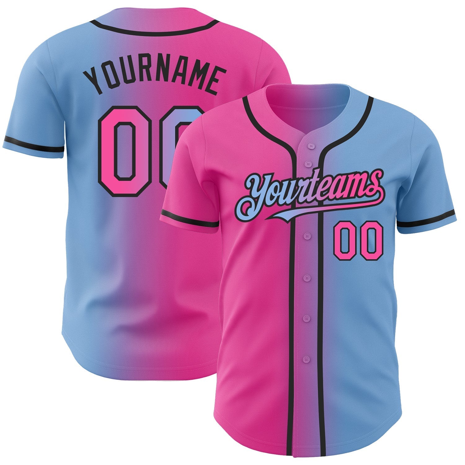Custom Light Blue Pink-Black Authentic Gradient Fashion Baseball Jersey baseball jersey product view 1