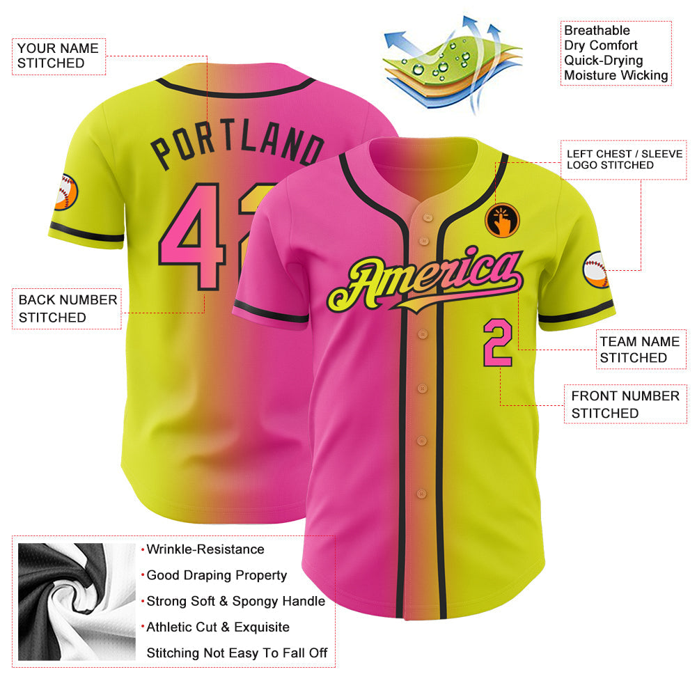 Custom Neon Yellow Pink-Black Authentic Gradient Fashion Baseball Jersey baseball jersey product view 3