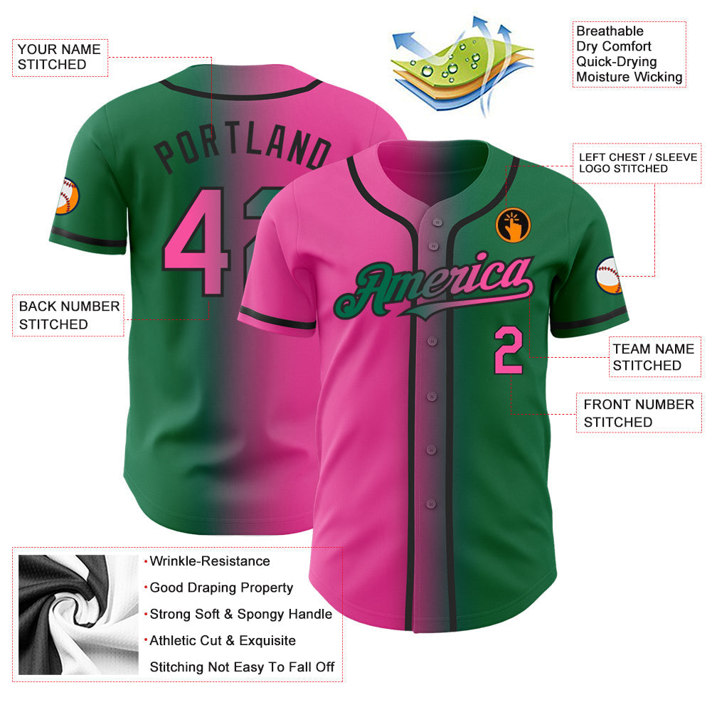 Custom Kelly Green Pink-Black Authentic Gradient Fashion Baseball Jersey baseball jersey product view 3