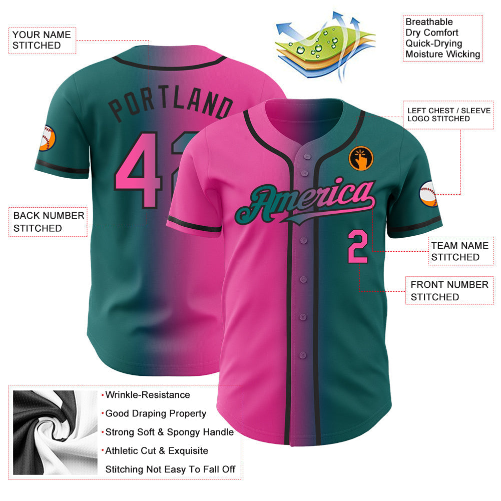 Custom Teal Pink-Black Authentic Gradient Fashion Baseball Jersey baseball jersey product view 3