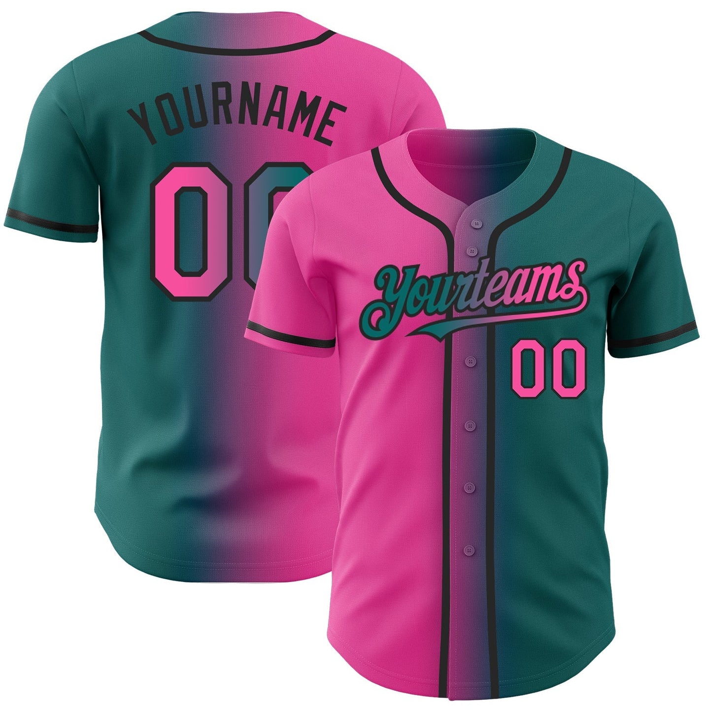 Custom Teal Pink-Black Authentic Gradient Fashion Baseball Jersey baseball jersey product view 1