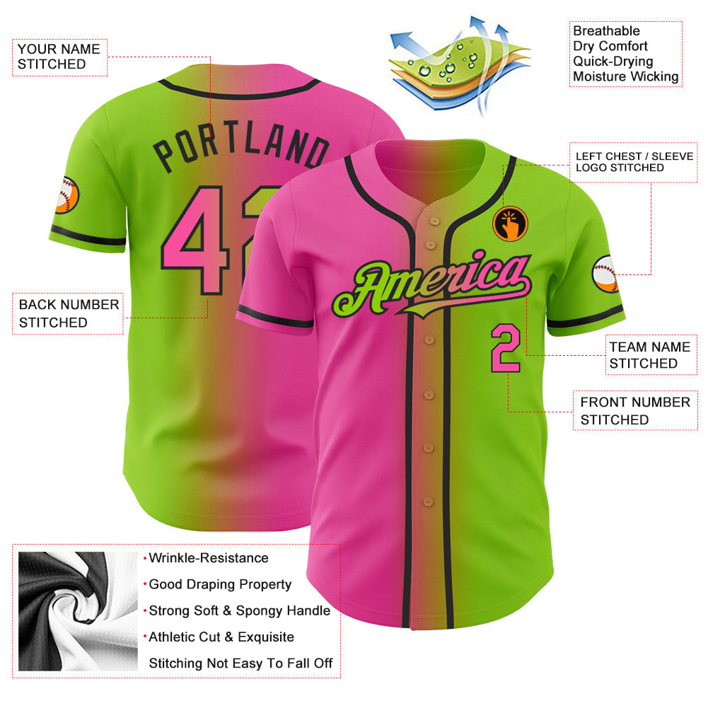 Custom Neon Green Pink-Black Authentic Gradient Fashion Baseball Jersey baseball jersey product view 4