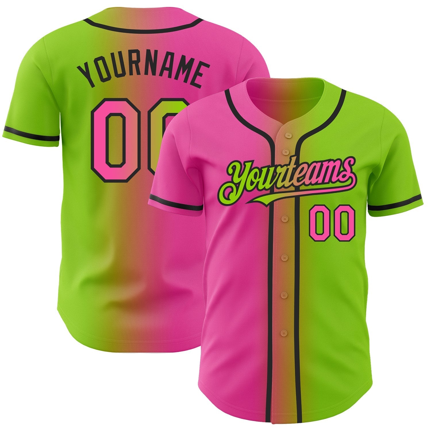 Custom Neon Green Pink-Black Authentic Gradient Fashion Baseball Jersey baseball jersey product view 1