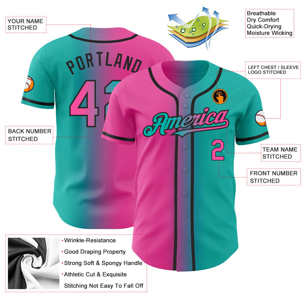 Custom Aqua Pink-Black Authentic Gradient Fashion Baseball Jersey baseball jersey product view 3
