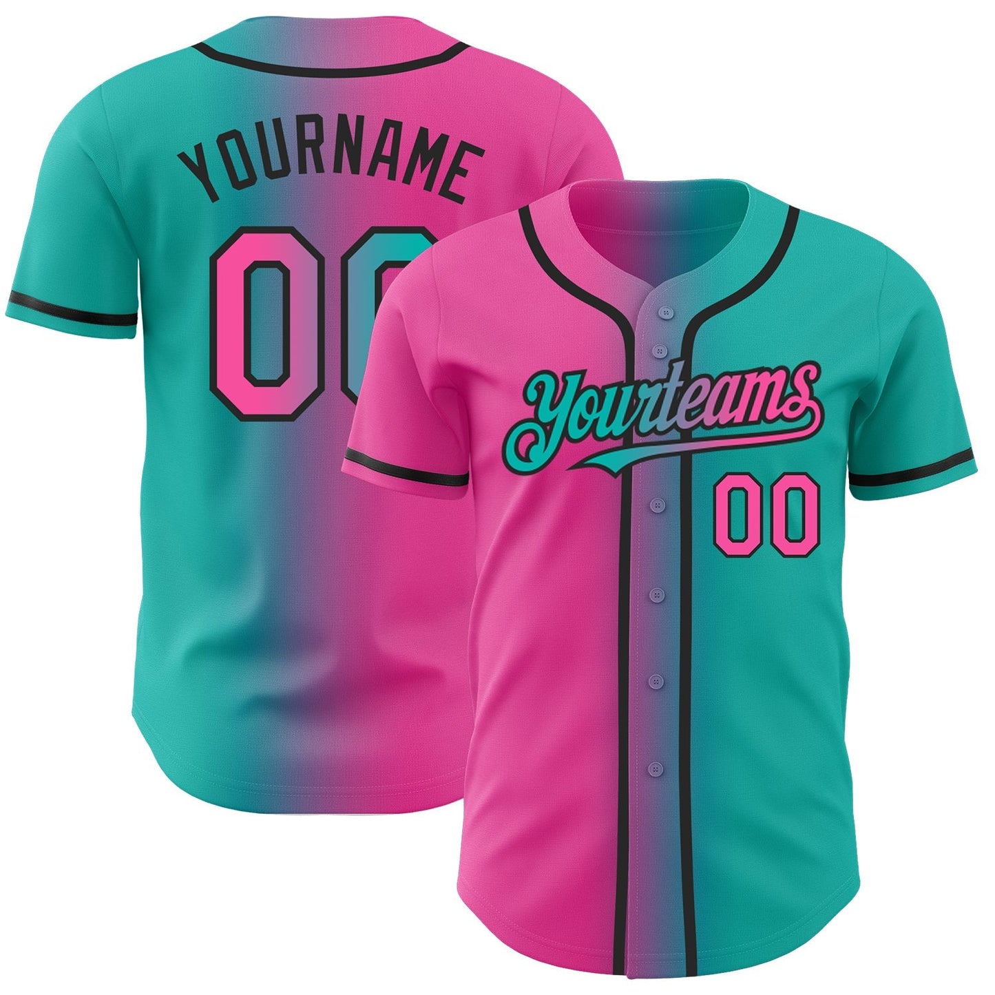 Custom Aqua Pink-Black Authentic Gradient Fashion Baseball Jersey baseball jersey product view 1