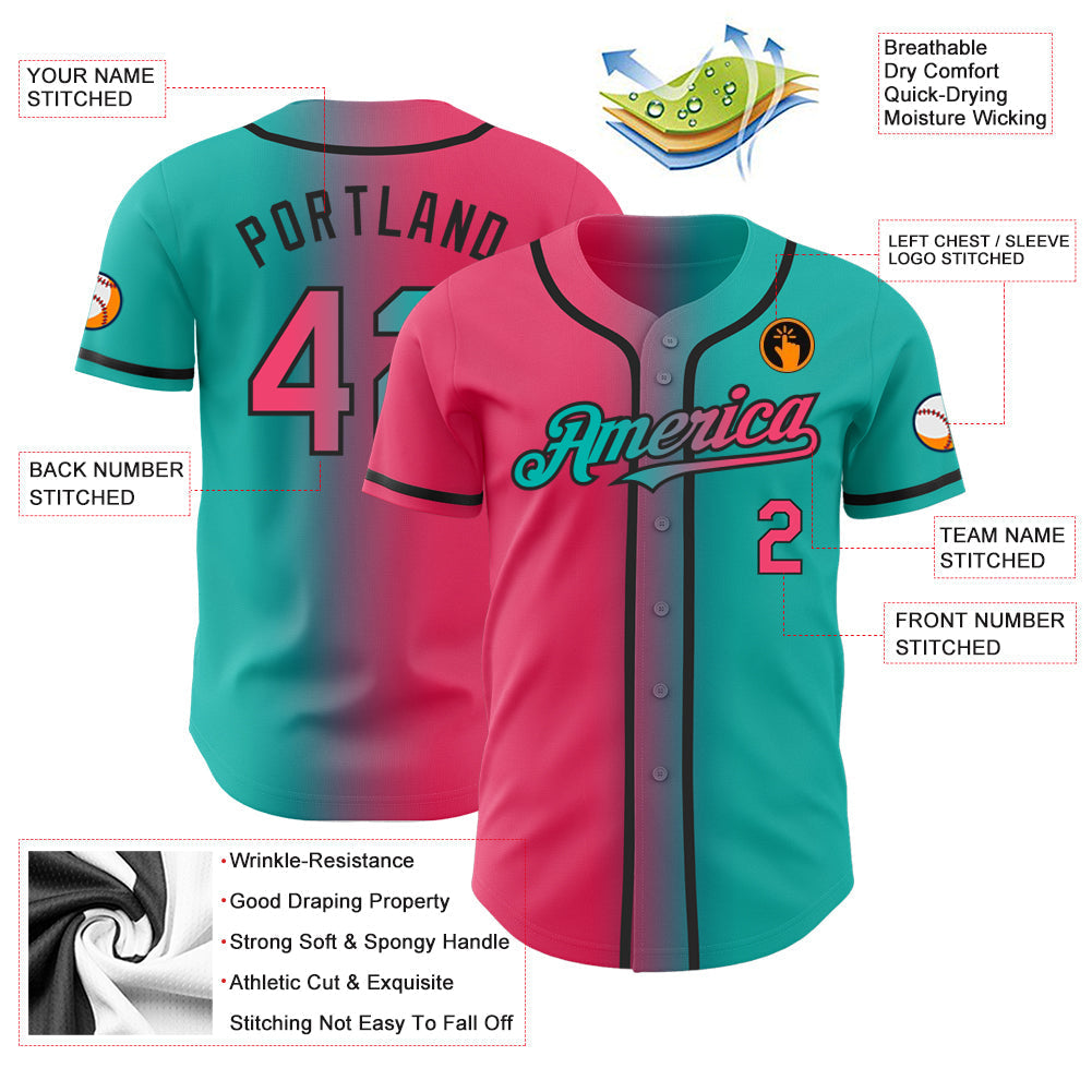 Custom Aqua Neon Pink-Black Authentic Gradient Fashion Baseball Jersey baseball jersey product view 3