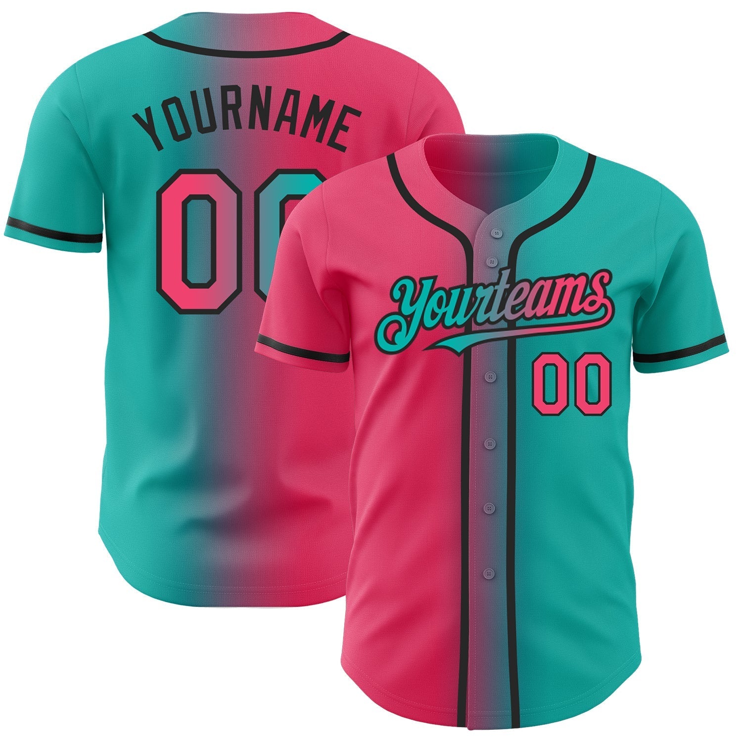 Custom Aqua Neon Pink-Black Authentic Gradient Fashion Baseball Jersey baseball jersey product view 1