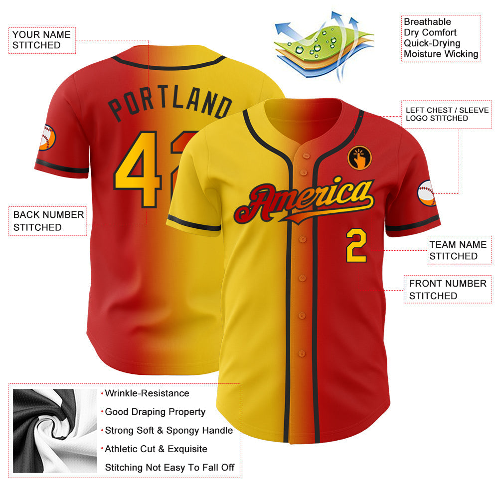 Custom Red Yellow-Black Authentic Gradient Fashion Baseball Jersey baseball jersey product view 4