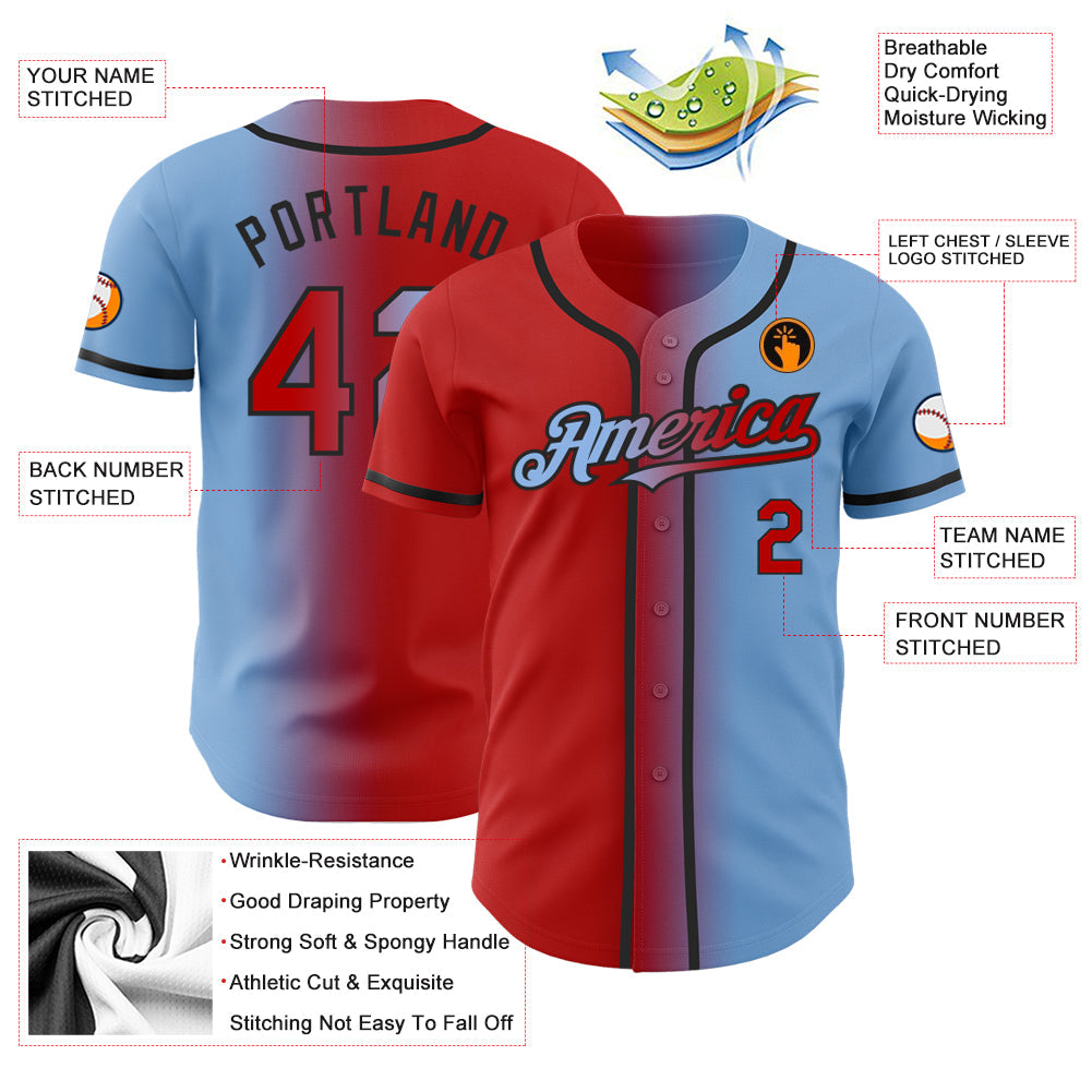 Custom Light Blue Red-Black Authentic Gradient Fashion Baseball Jersey baseball jersey product view 3
