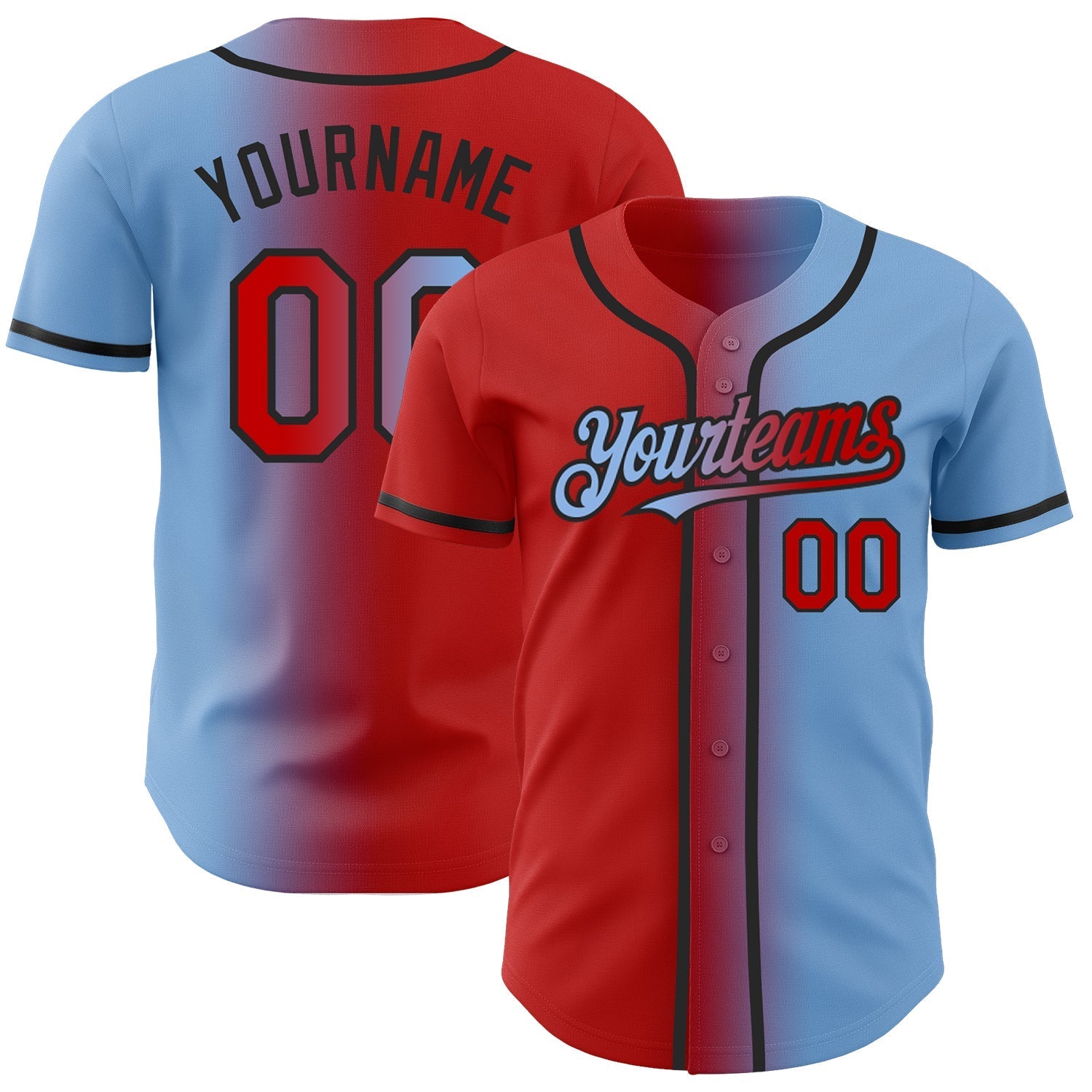 Custom Light Blue Red-Black Authentic Gradient Fashion Baseball Jersey baseball jersey product view 1