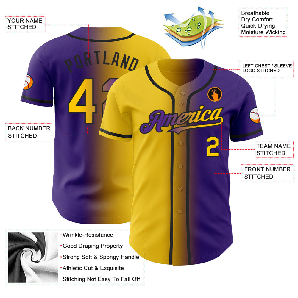 Custom Purple Yellow-Black Authentic Gradient Fashion Baseball Jersey baseball jersey product view 3