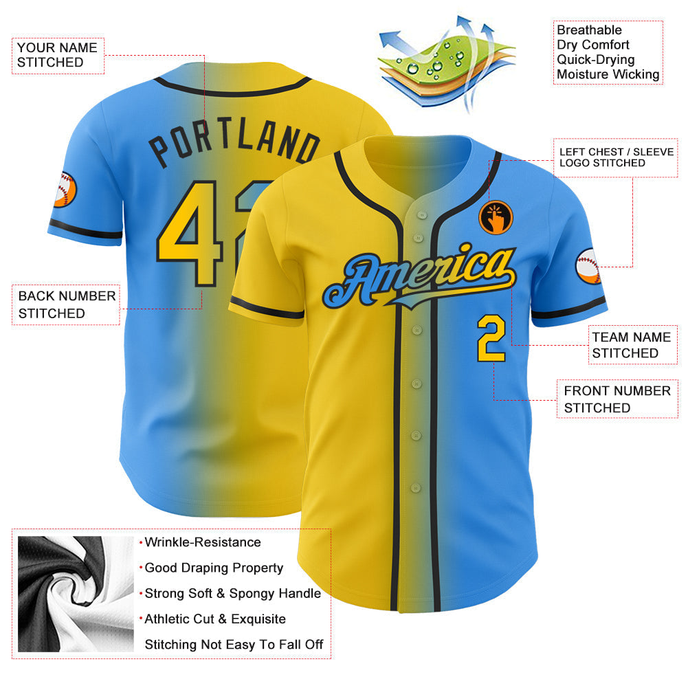 Custom Electric Blue Yellow-Black Authentic Gradient Fashion Baseball Jersey baseball jersey product view 3