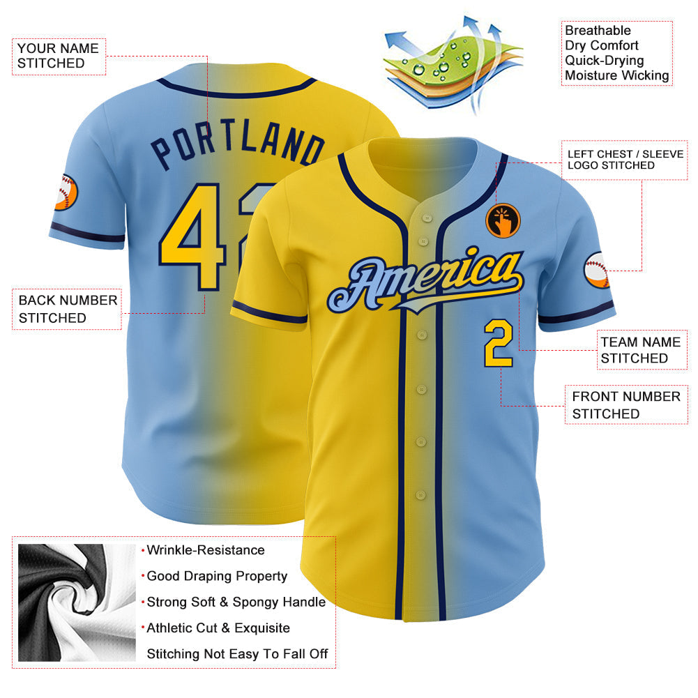 Custom Light Blue Yellow-Navy Authentic Gradient Fashion Baseball Jersey baseball jersey product view 3