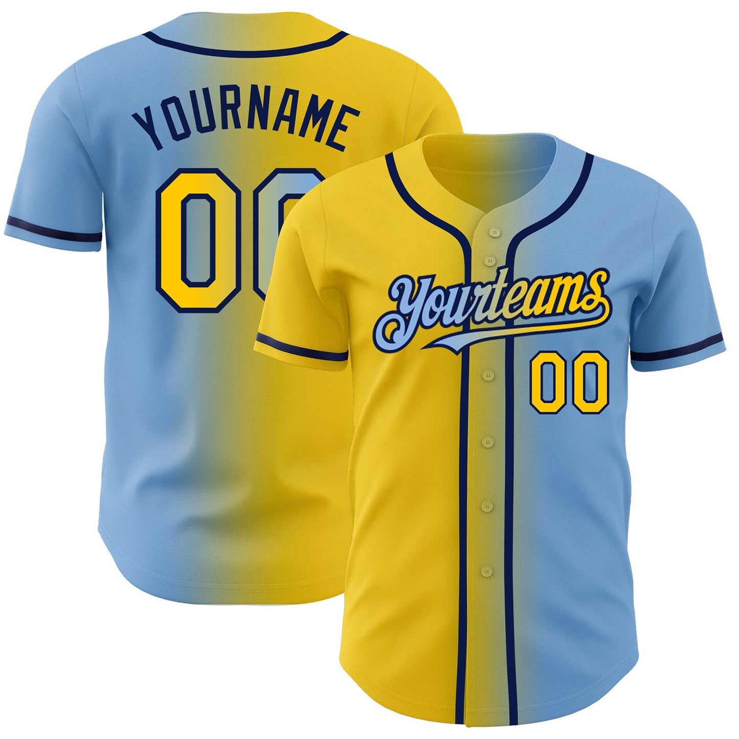 Custom Light Blue Yellow-Navy Authentic Gradient Fashion Baseball Jersey baseball jersey product view 1
