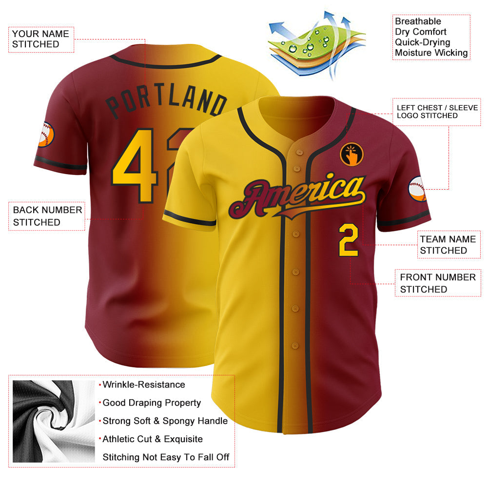 Custom Crimson Yellow-Black Authentic Gradient Fashion Baseball Jersey baseball jersey product view 3