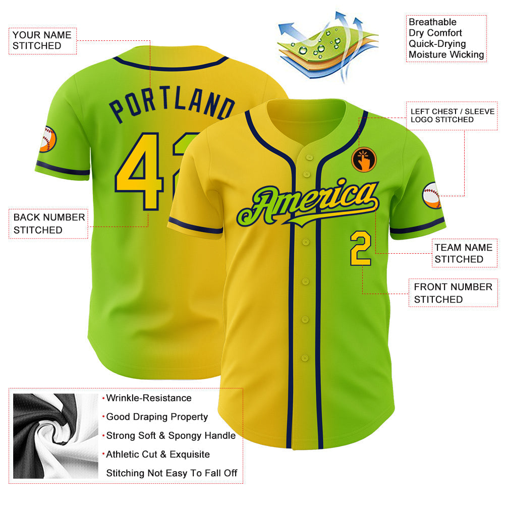 Custom Neon Green Yellow-Navy Authentic Gradient Fashion Baseball Jersey baseball jersey product view 3