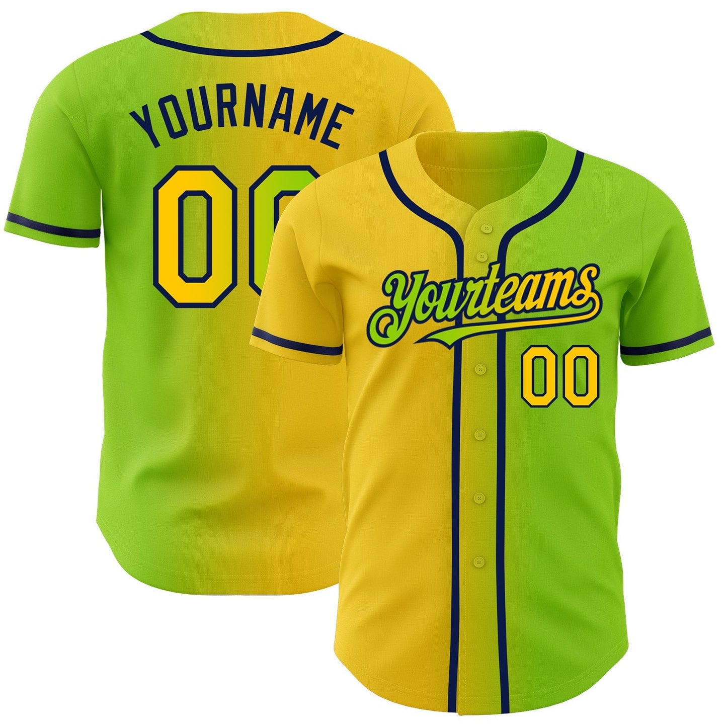 Custom Neon Green Yellow-Navy Authentic Gradient Fashion Baseball Jersey baseball jersey product view 1