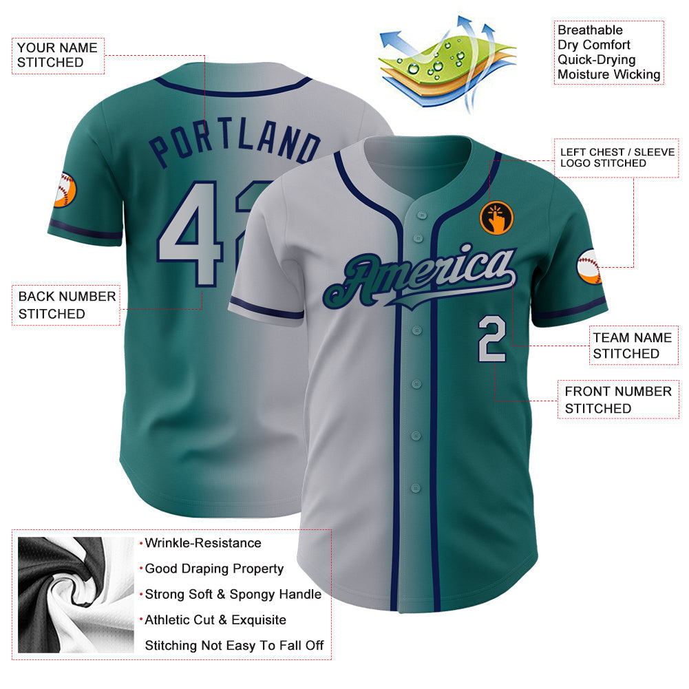 Custom Teal Gray-Navy Authentic Gradient Fashion Baseball Jersey baseball jersey product view 3