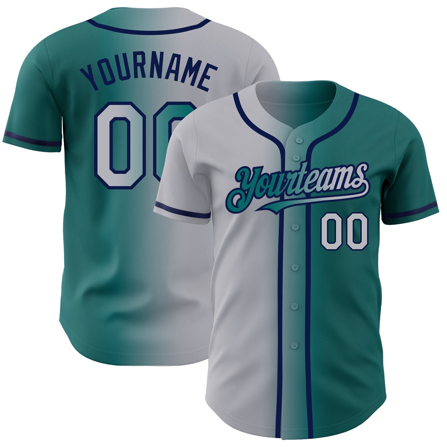 Custom Teal Gray-Navy Authentic Gradient Fashion Baseball Jersey baseball jersey product view 1