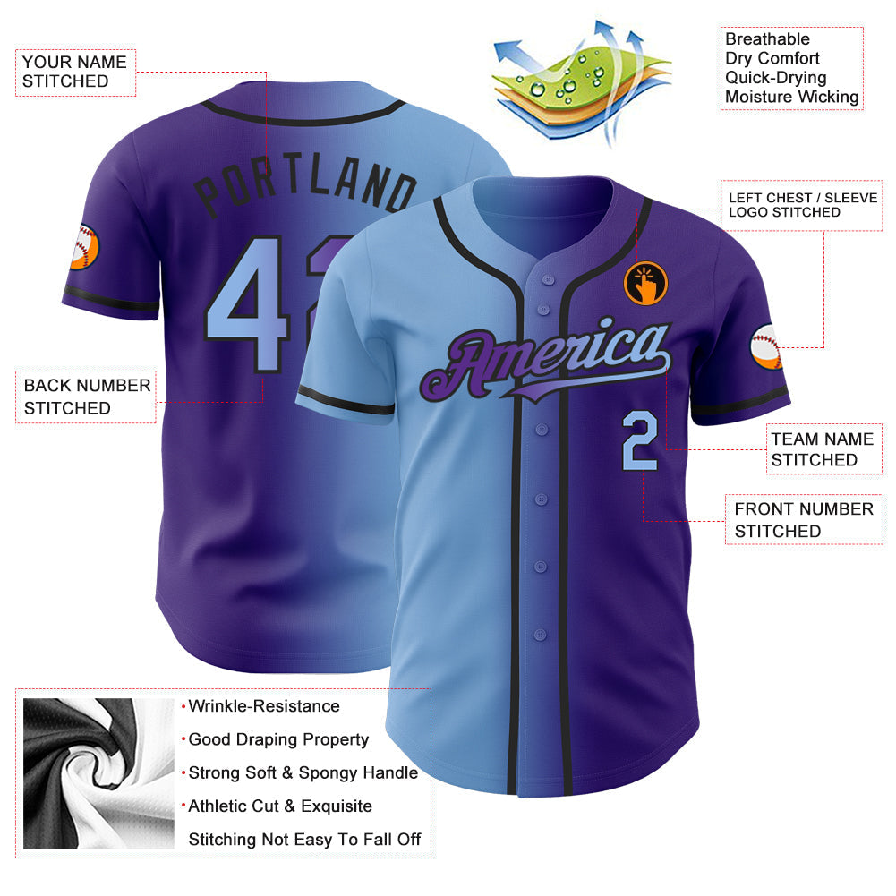 Custom Purple Light Blue-Black Authentic Gradient Fashion Baseball Jersey baseball jersey product view 3