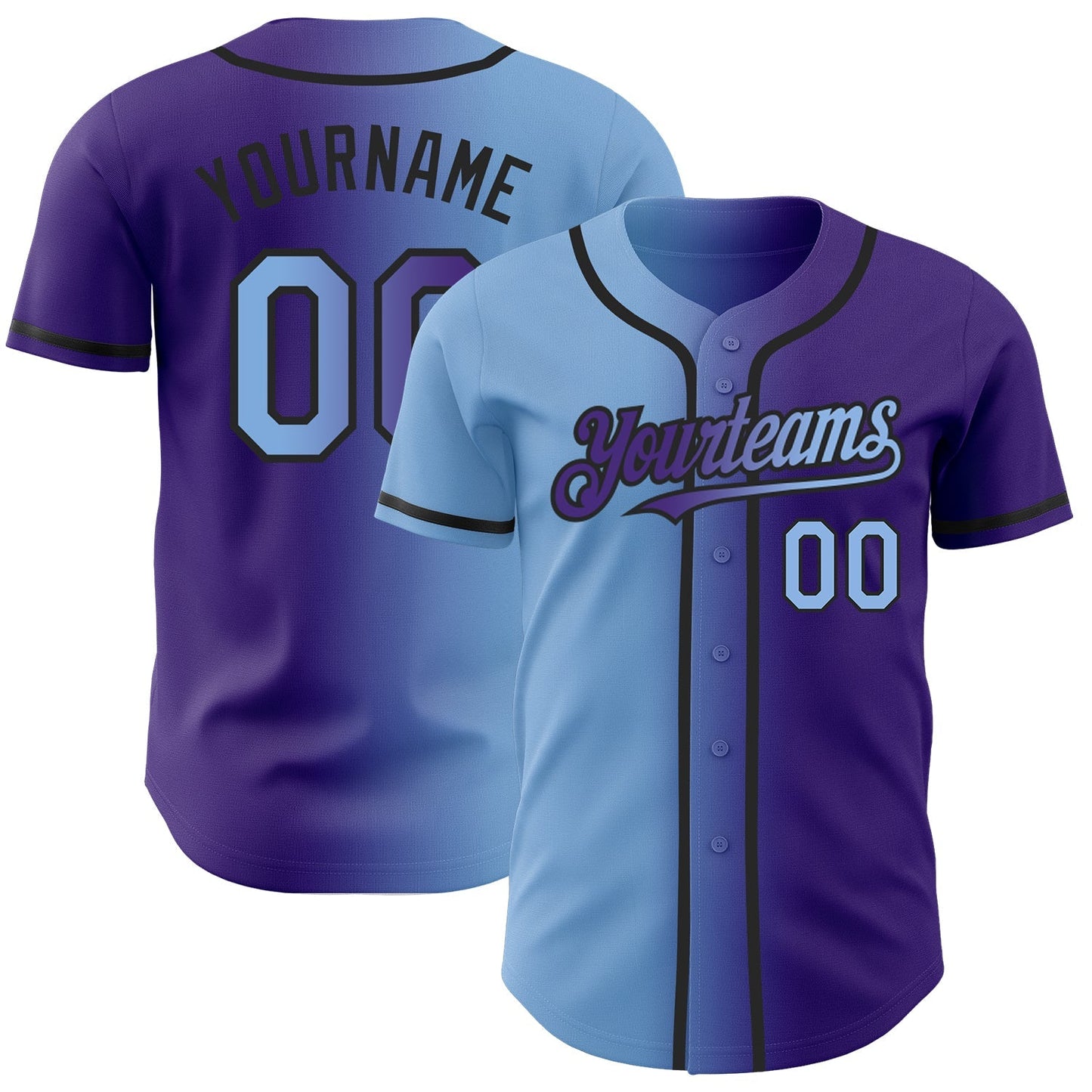 Custom Purple Light Blue-Black Authentic Gradient Fashion Baseball Jersey baseball jersey product view 1