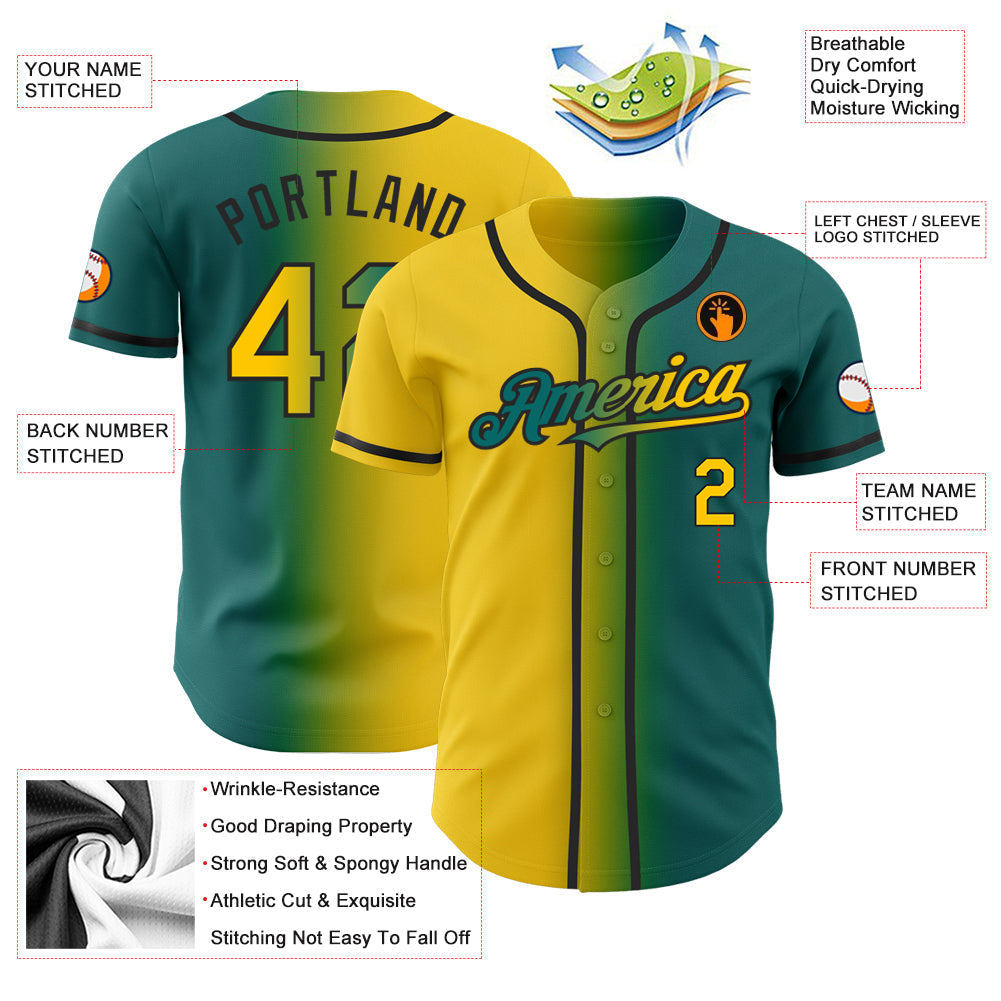 Custom Teal Yellow-Black Authentic Gradient Fashion Baseball Jersey baseball jersey product view 3