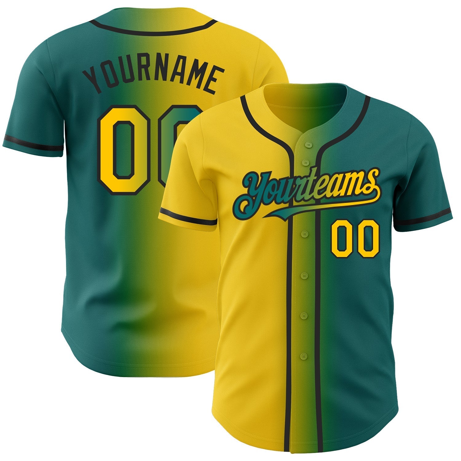 Custom Teal Yellow-Black Authentic Gradient Fashion Baseball Jersey baseball jersey product view 1